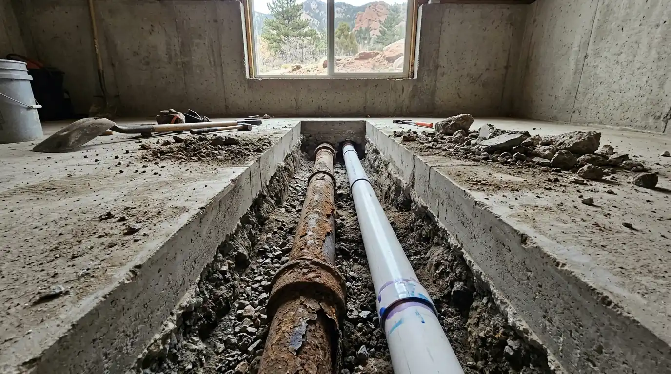 Cast iron drain under a basement slab being replaced with PVC