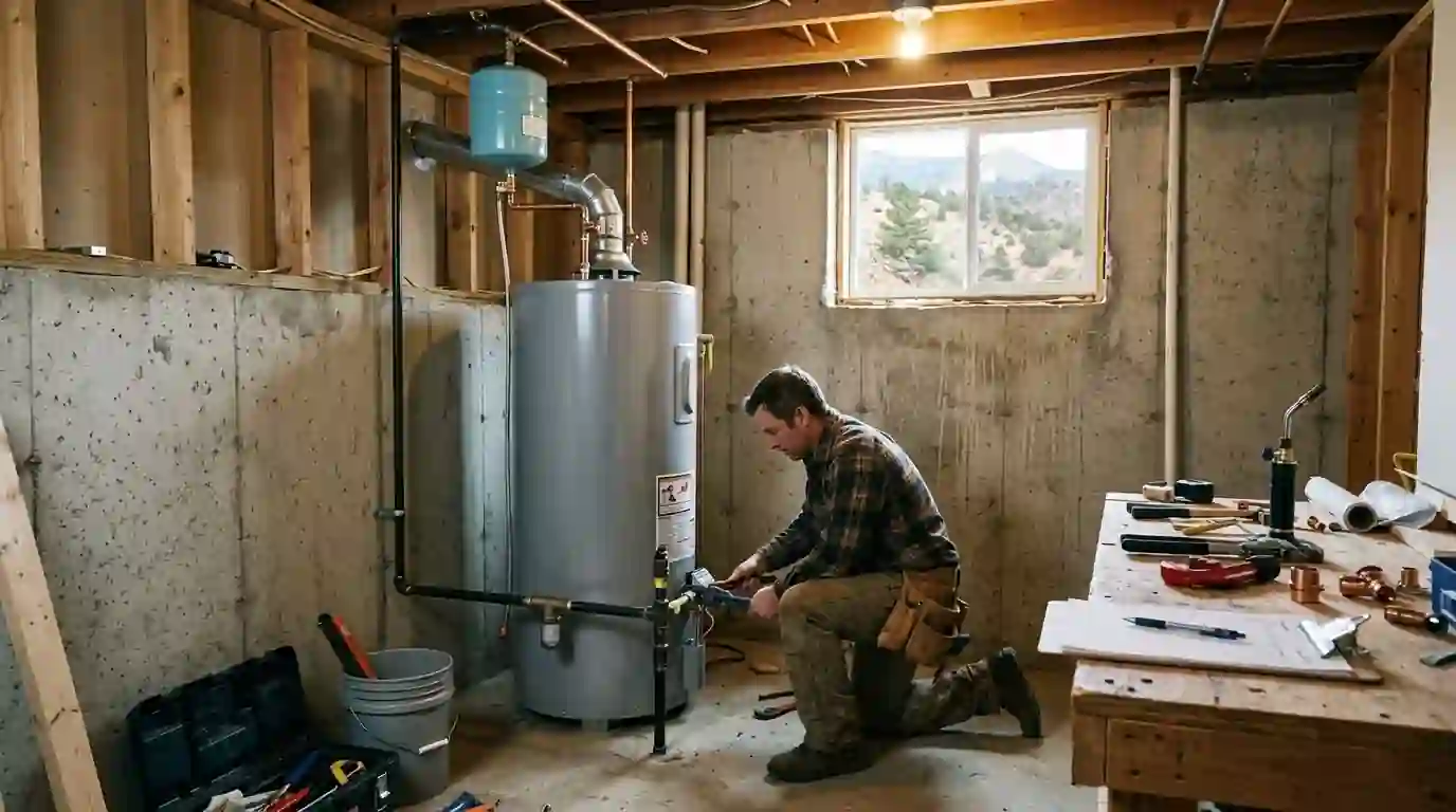 New gas water heater with expansion tank being installed in a Colorado Springs basement