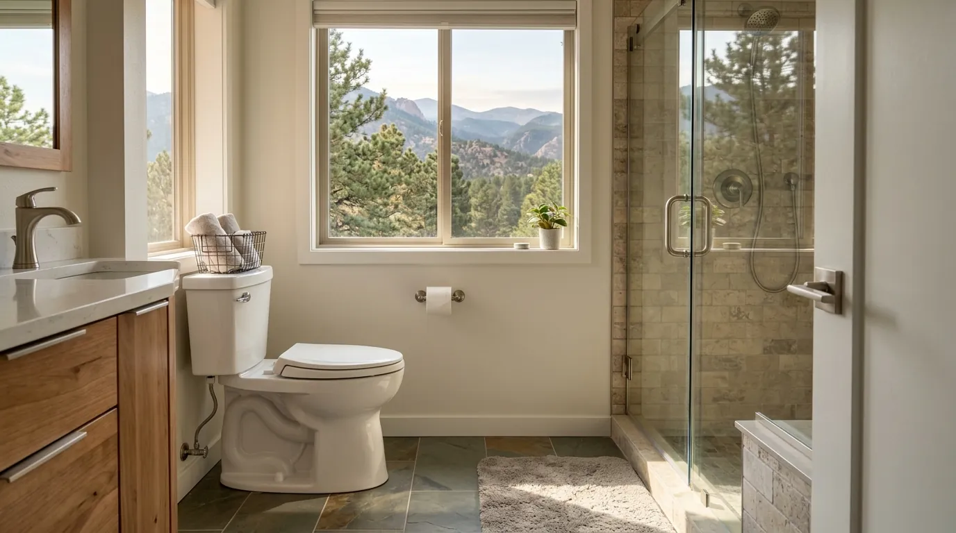 Bathroom with a new toilet and shower trim