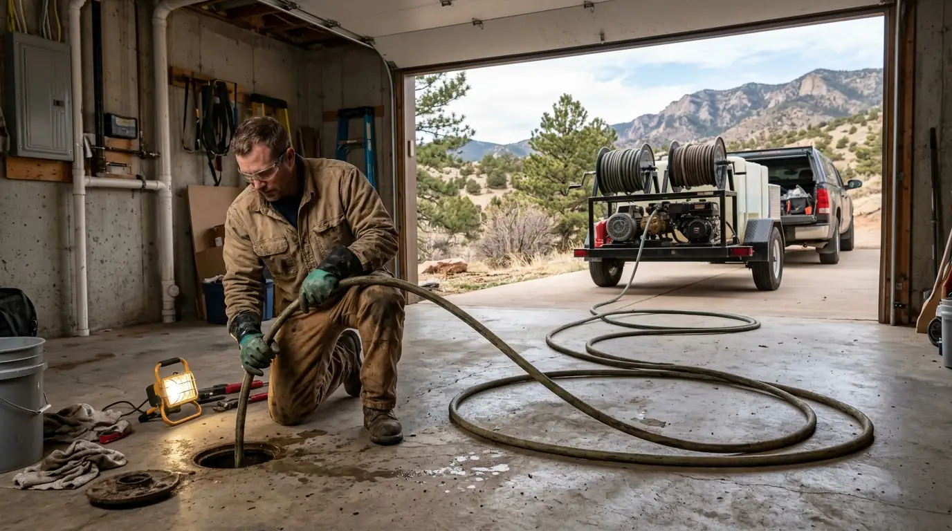 Plumber hydro jetting a sewer line at a Colorado Springs home