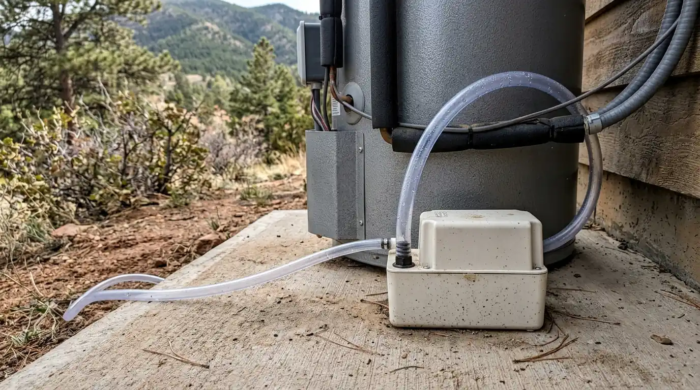 Condensate pump and drain tubing at the base of a heat pump water heater