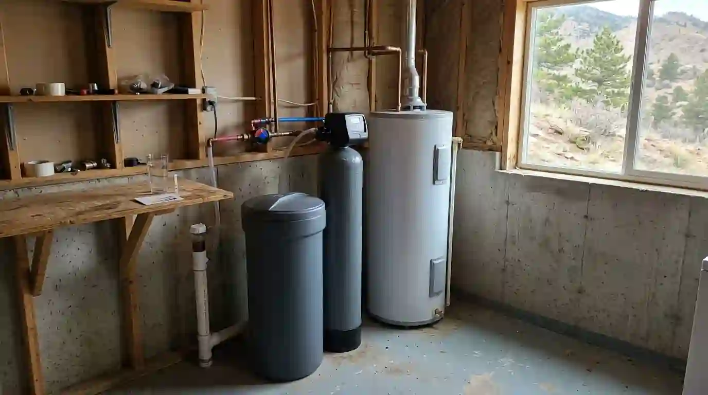 Water softener with bypass valve installed in a basement utility room near Colorado Springs