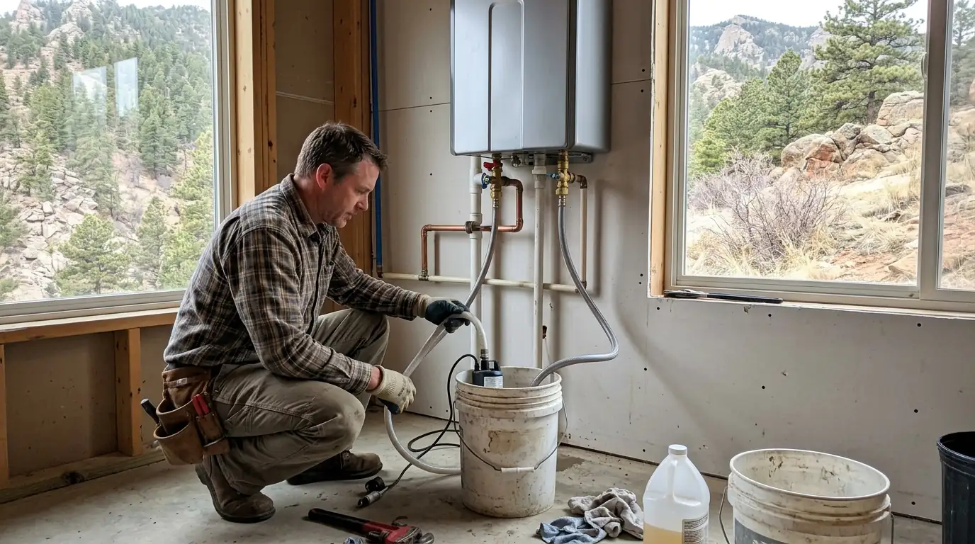Plumber descaling a tankless water heater in a Colorado Springs home