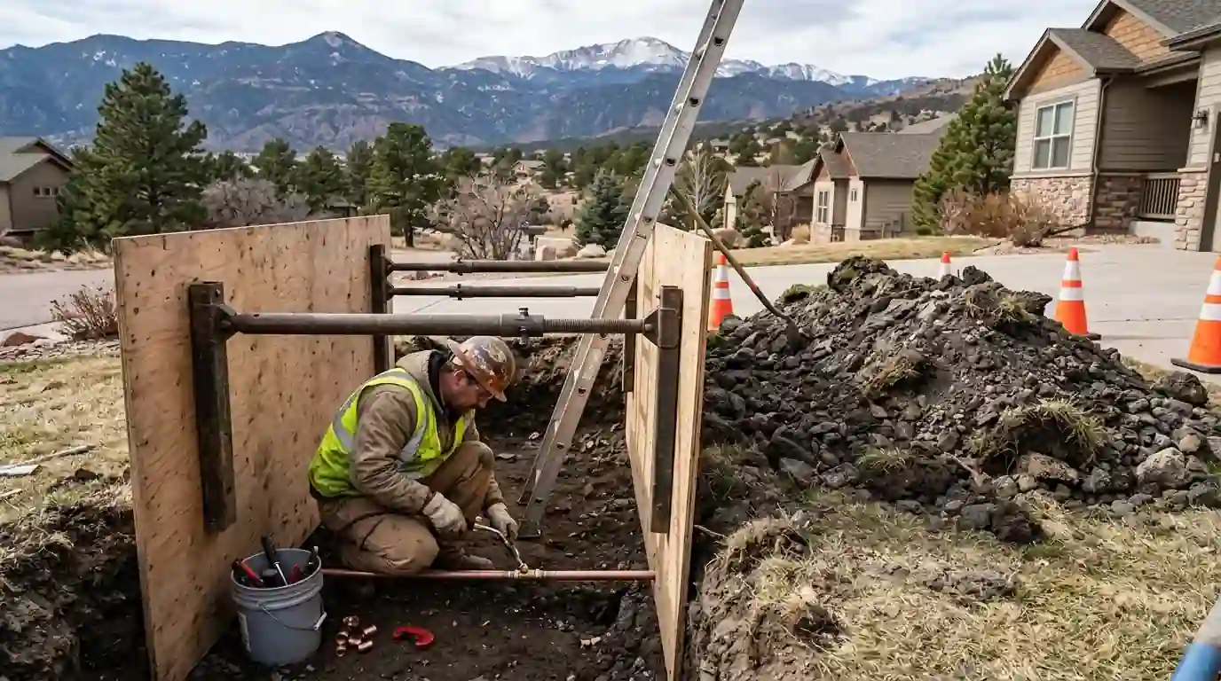Excavated water service line repair in a Colorado Springs front yard