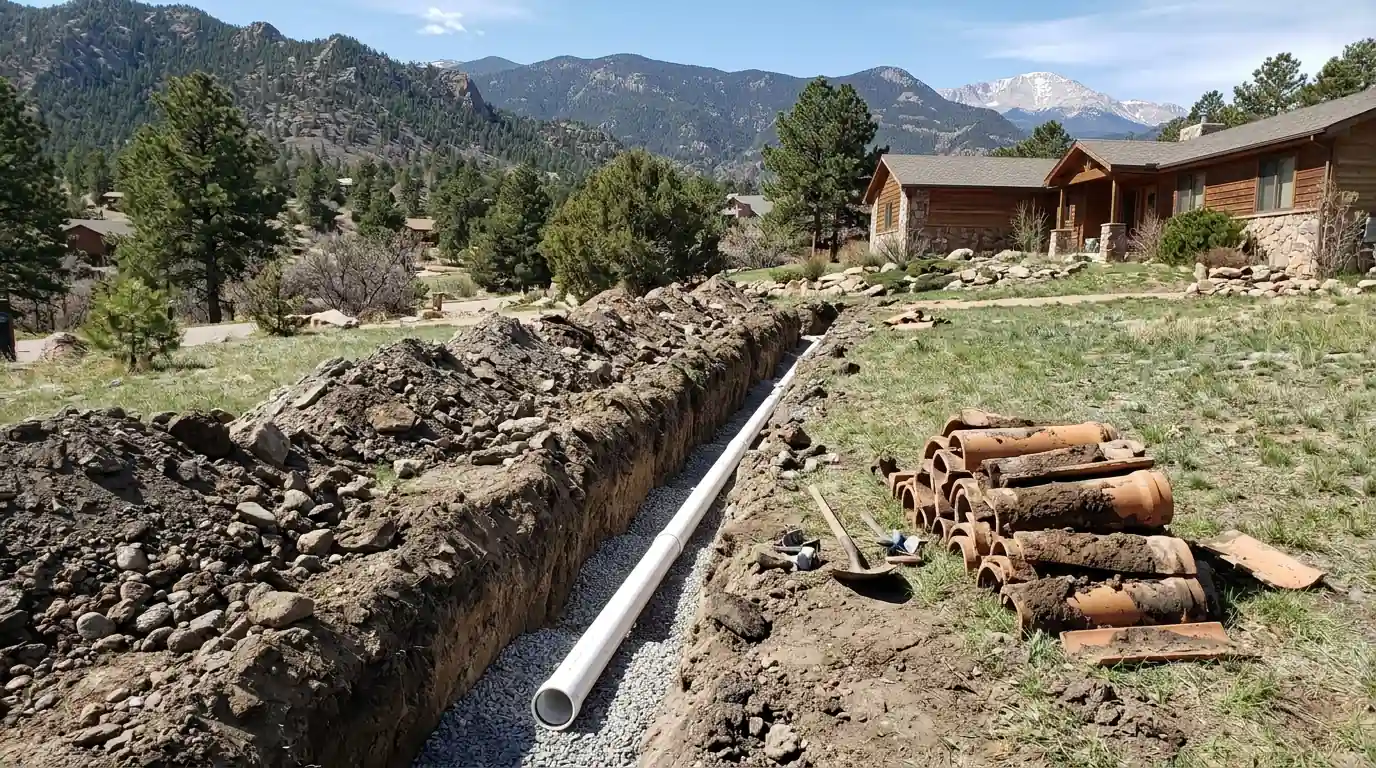 New PVC sewer lateral going into a Colorado Springs front yard