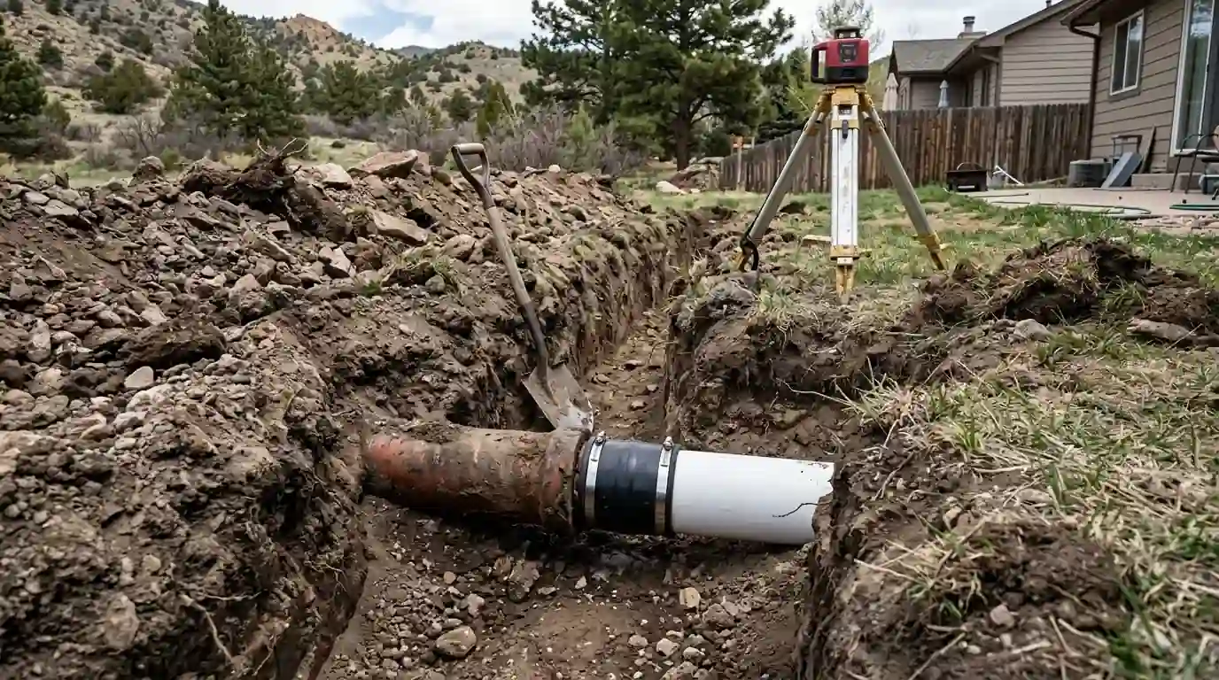 Old clay sewer pipe exposed next to new PVC during a Colorado Springs sewer line repair