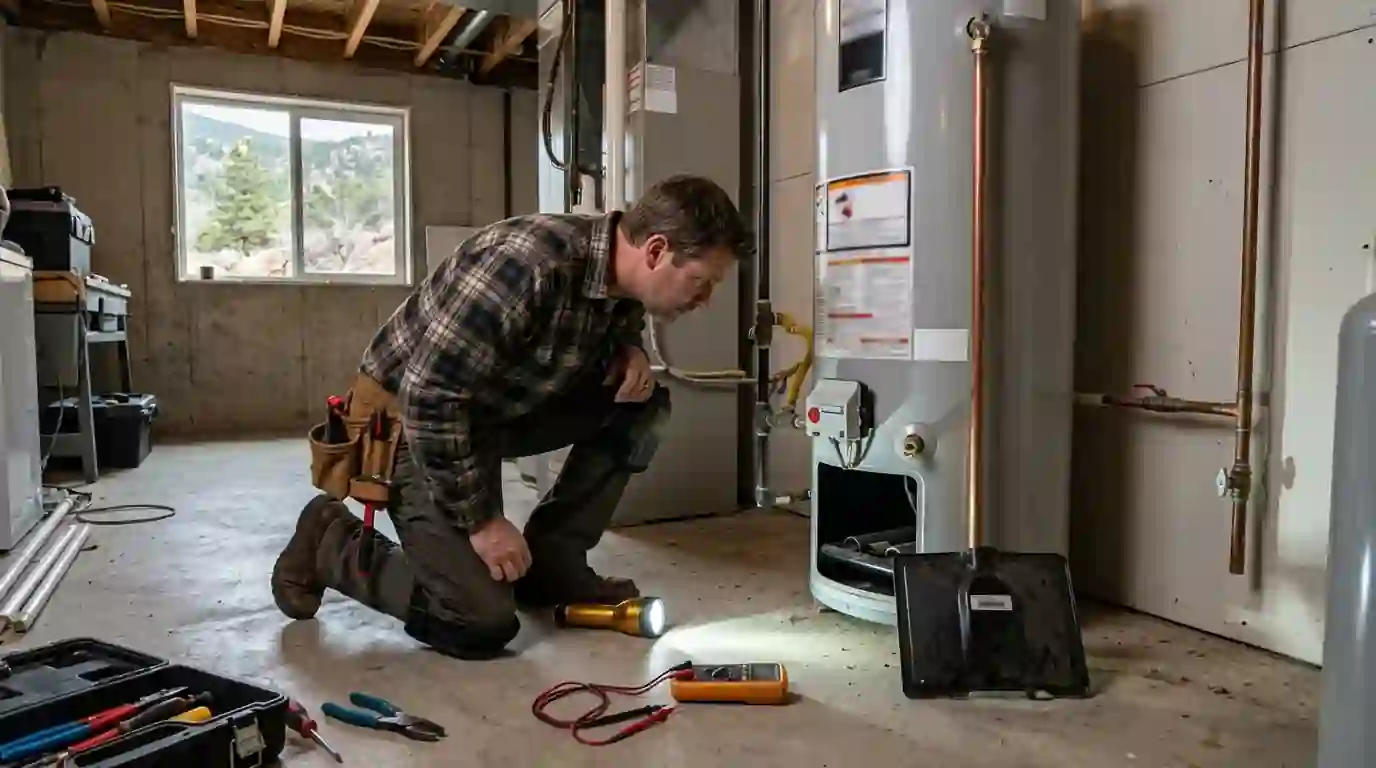 Plumber repairing a gas water heater in a Colorado Springs basement