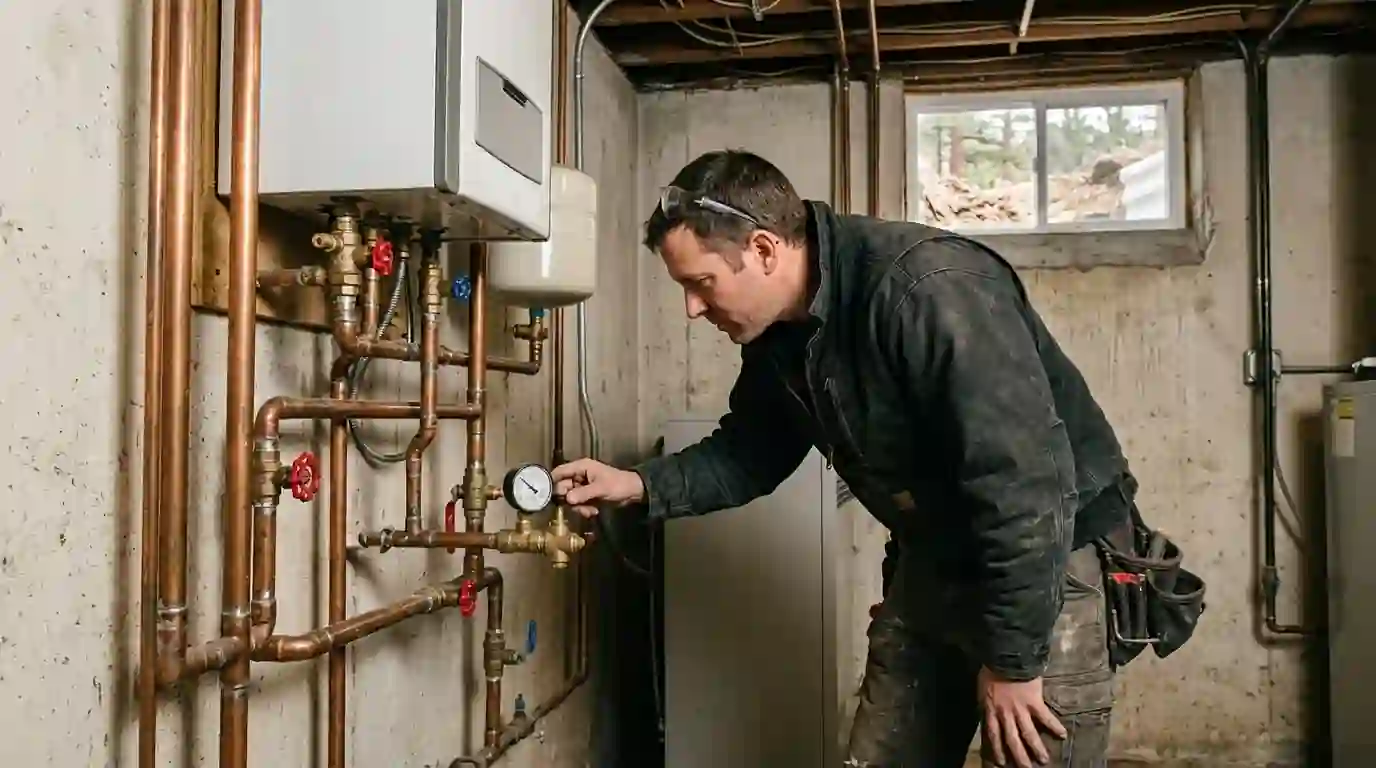 Plumber checking boiler pressure in a Colorado Springs basement