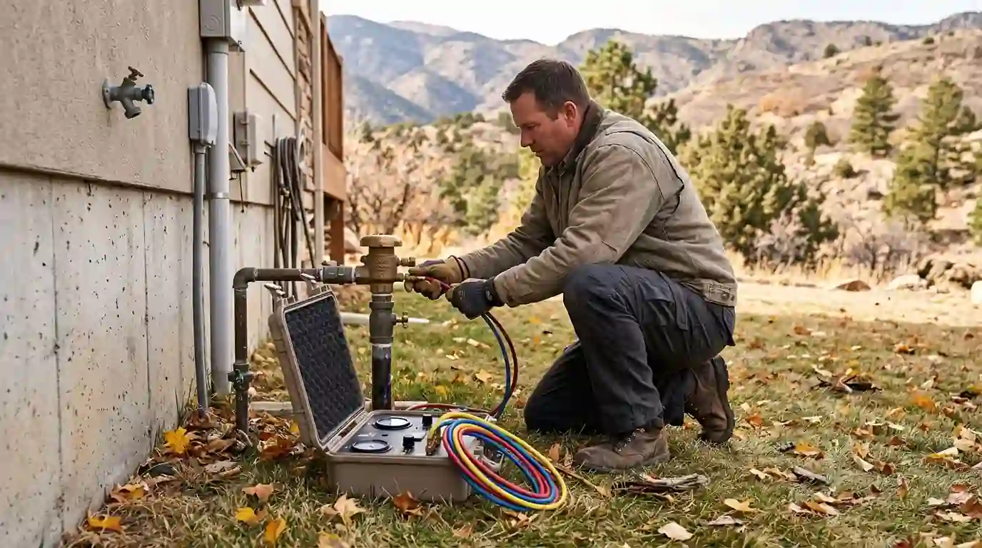 Annual backflow test on a sprinkler pressure vacuum breaker at a Colorado Springs home