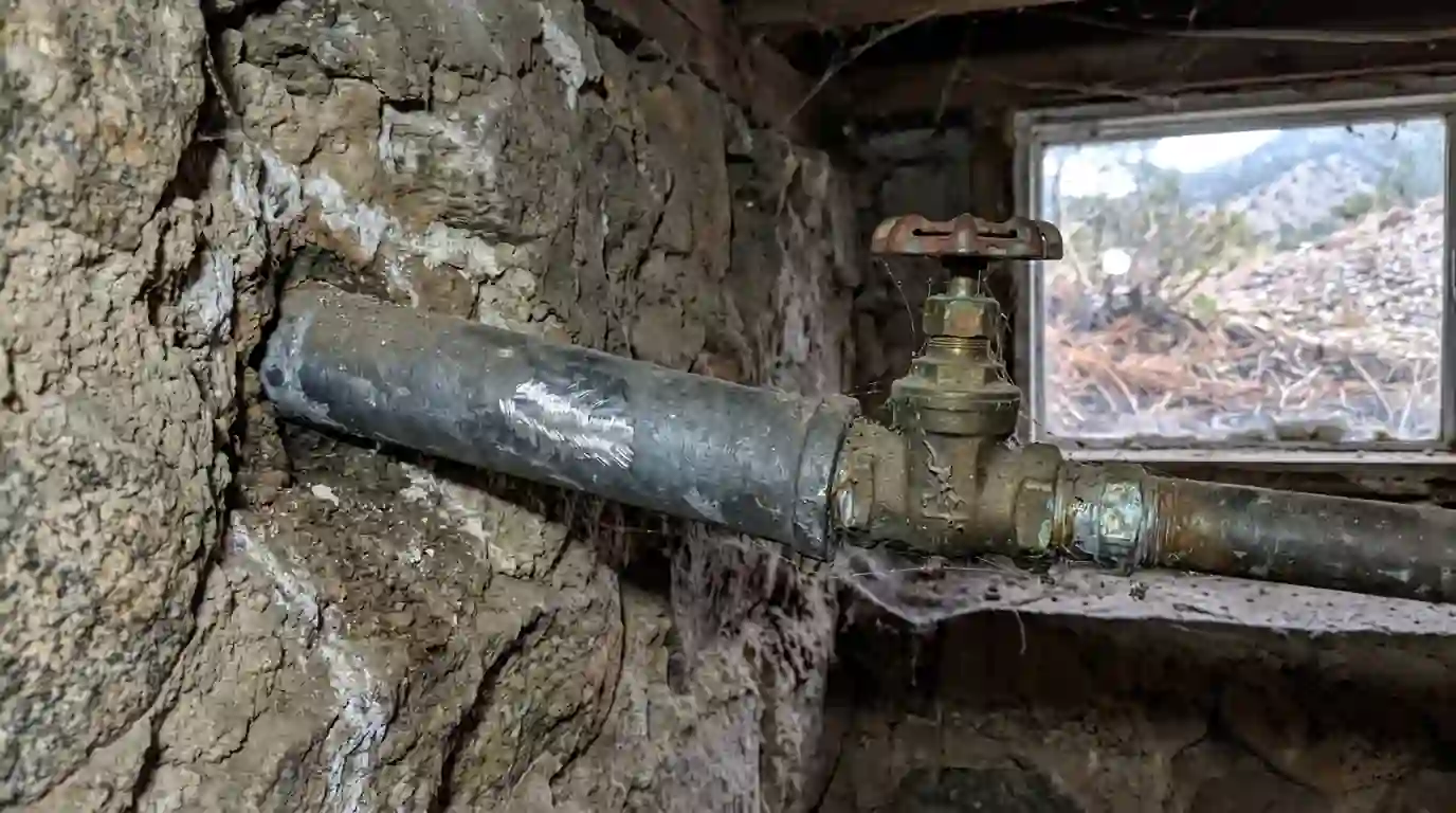Old lead service pipe at a basement wall