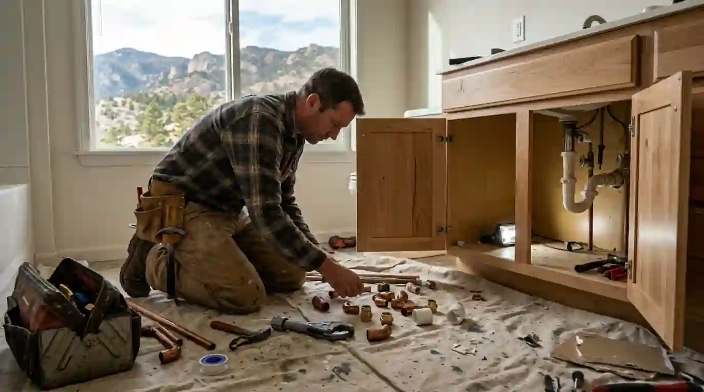 Plumber setting out fittings for a vanity repair in Colorado Springs