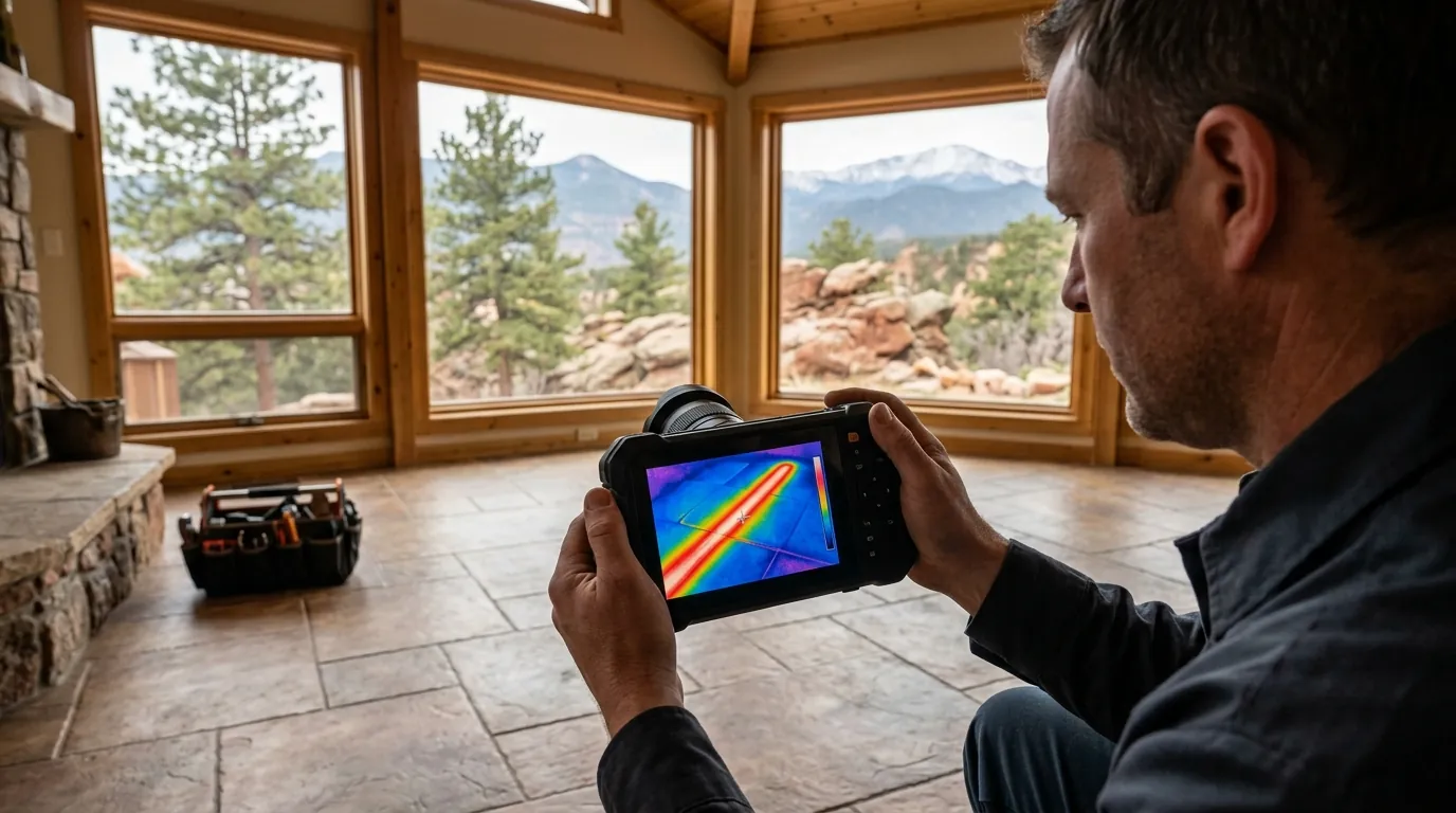 Plumber using thermal imaging to find a hidden leak in a Colorado Springs home