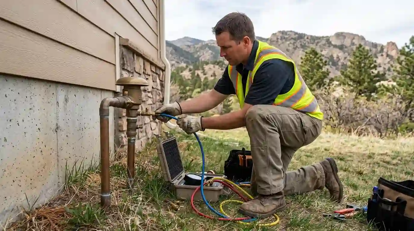 Backflow test gauge connected to a sprinkler assembly at a Colorado Springs home