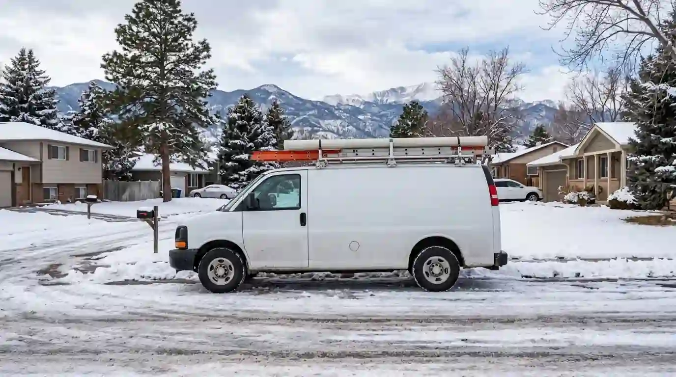 Plumbing van on a snowy Colorado Springs street at dawn