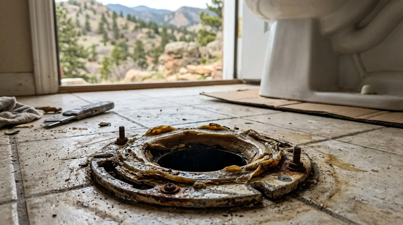 Cracked closet flange and old wax ring under a removed toilet