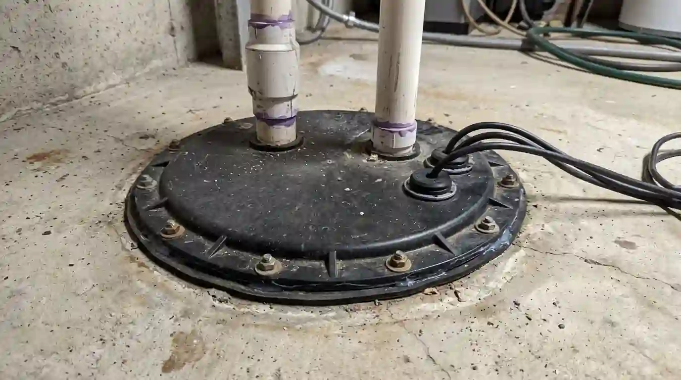 Sealed ejector basin with check valve and vent in a basement bathroom