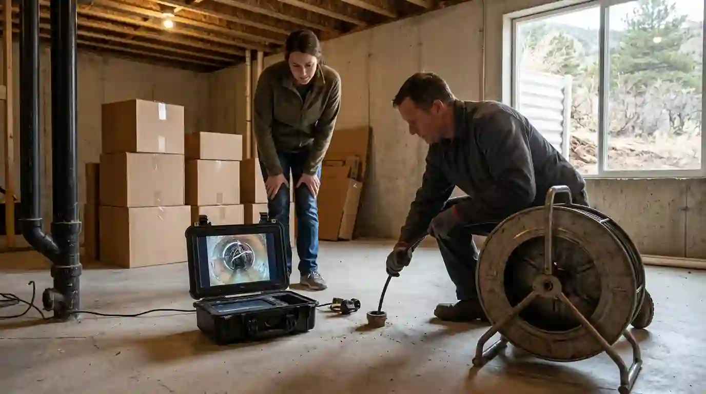 Sewer camera inspection at a basement cleanout during a Colorado Springs home purchase