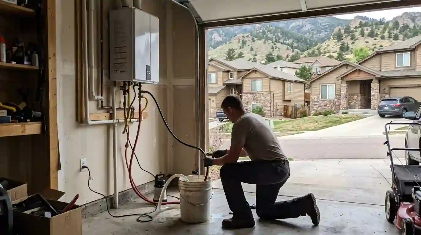 Tankless water heater being descaled in a Monument garage