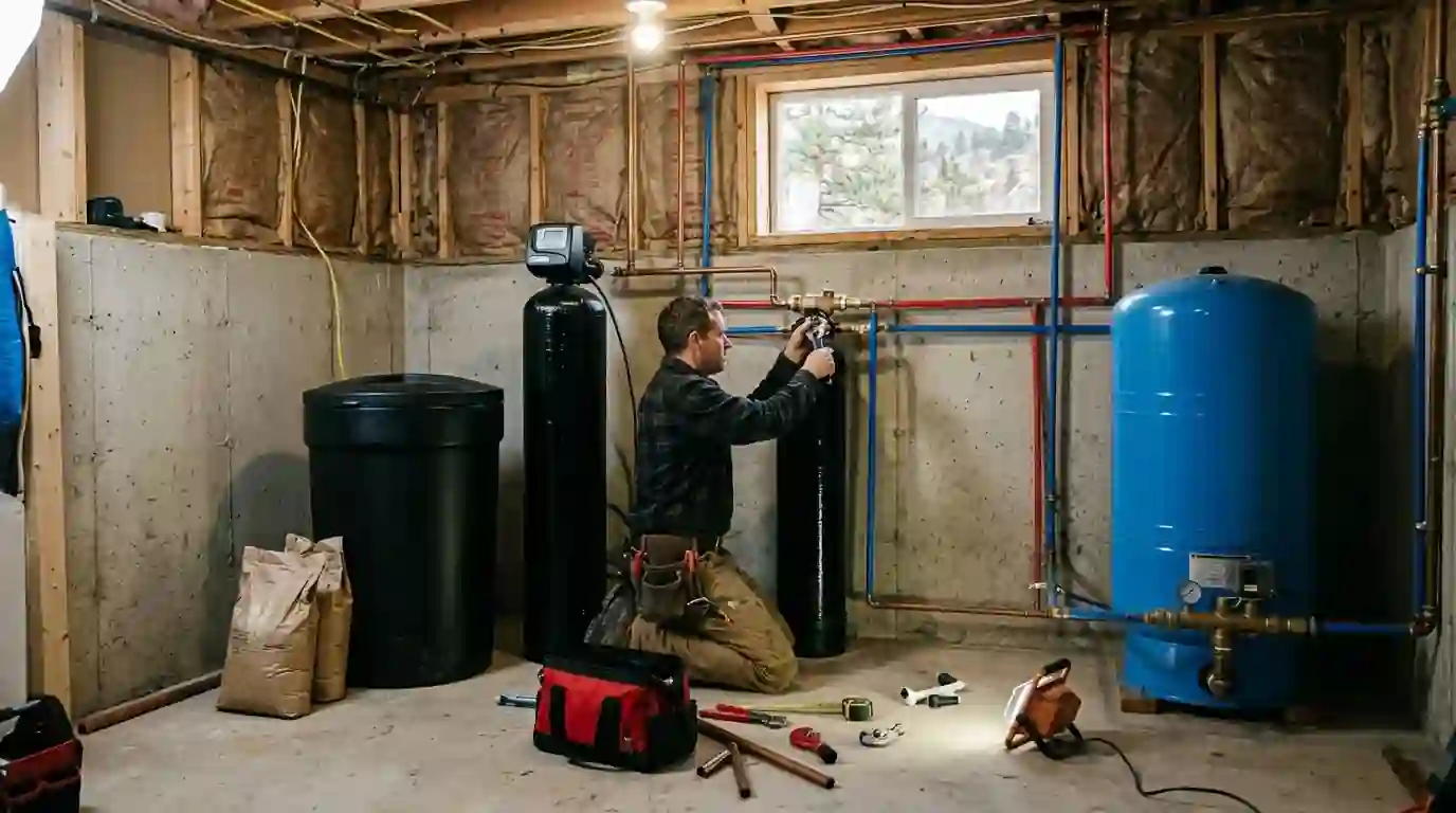 Water softener being plumbed next to a well pressure tank near Colorado Springs