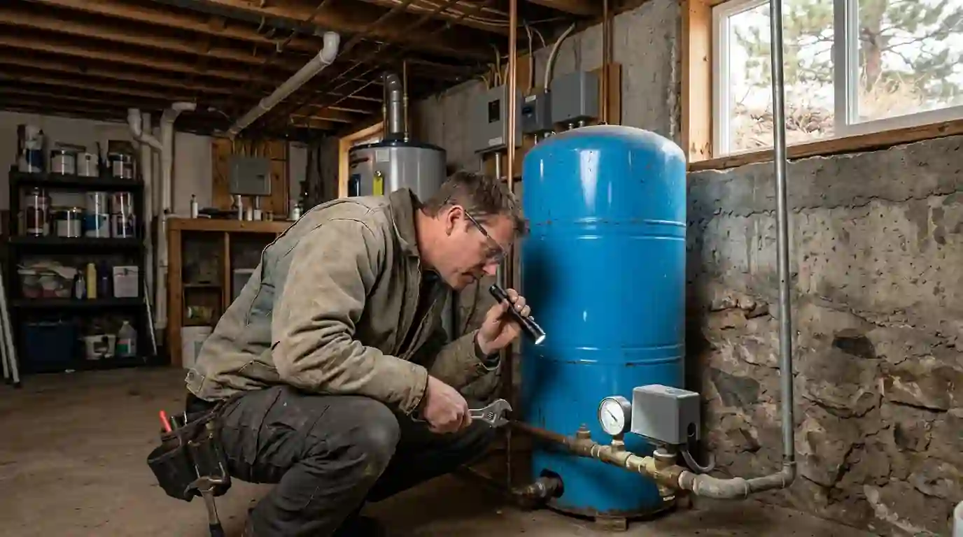 Plumber testing a well pressure tank north of Colorado Springs