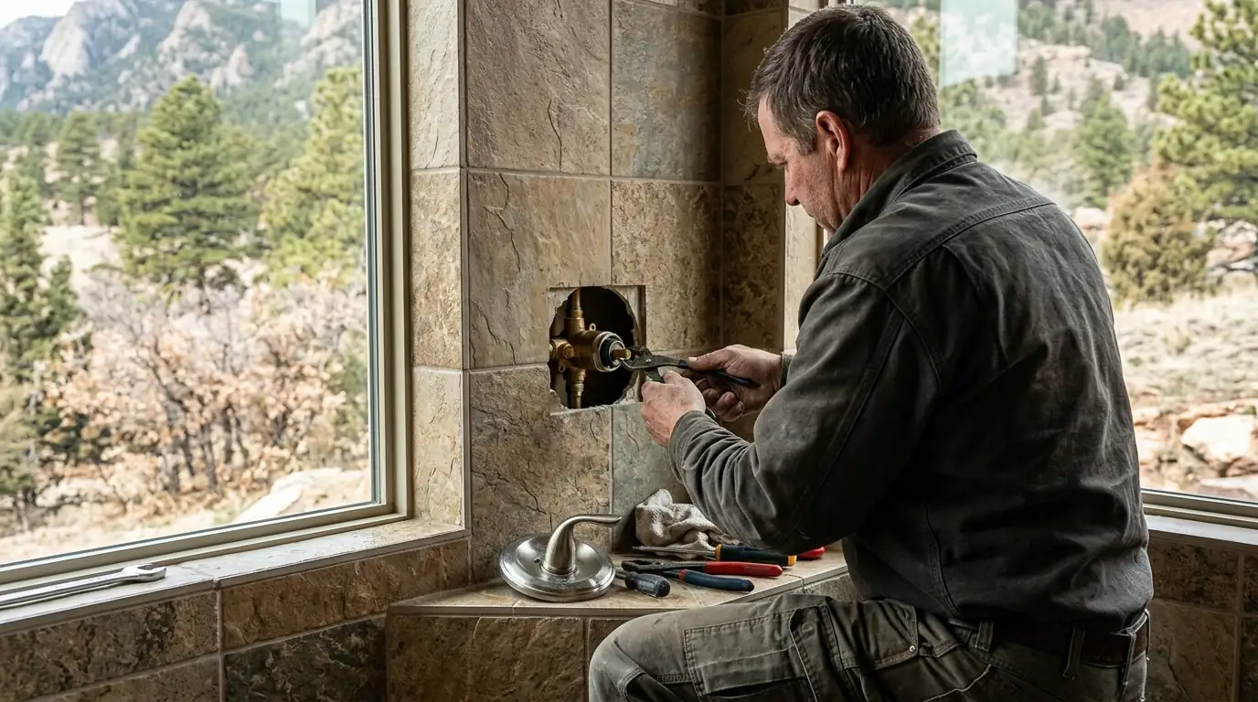 Plumber replacing a shower cartridge in a Colorado Springs bathroom