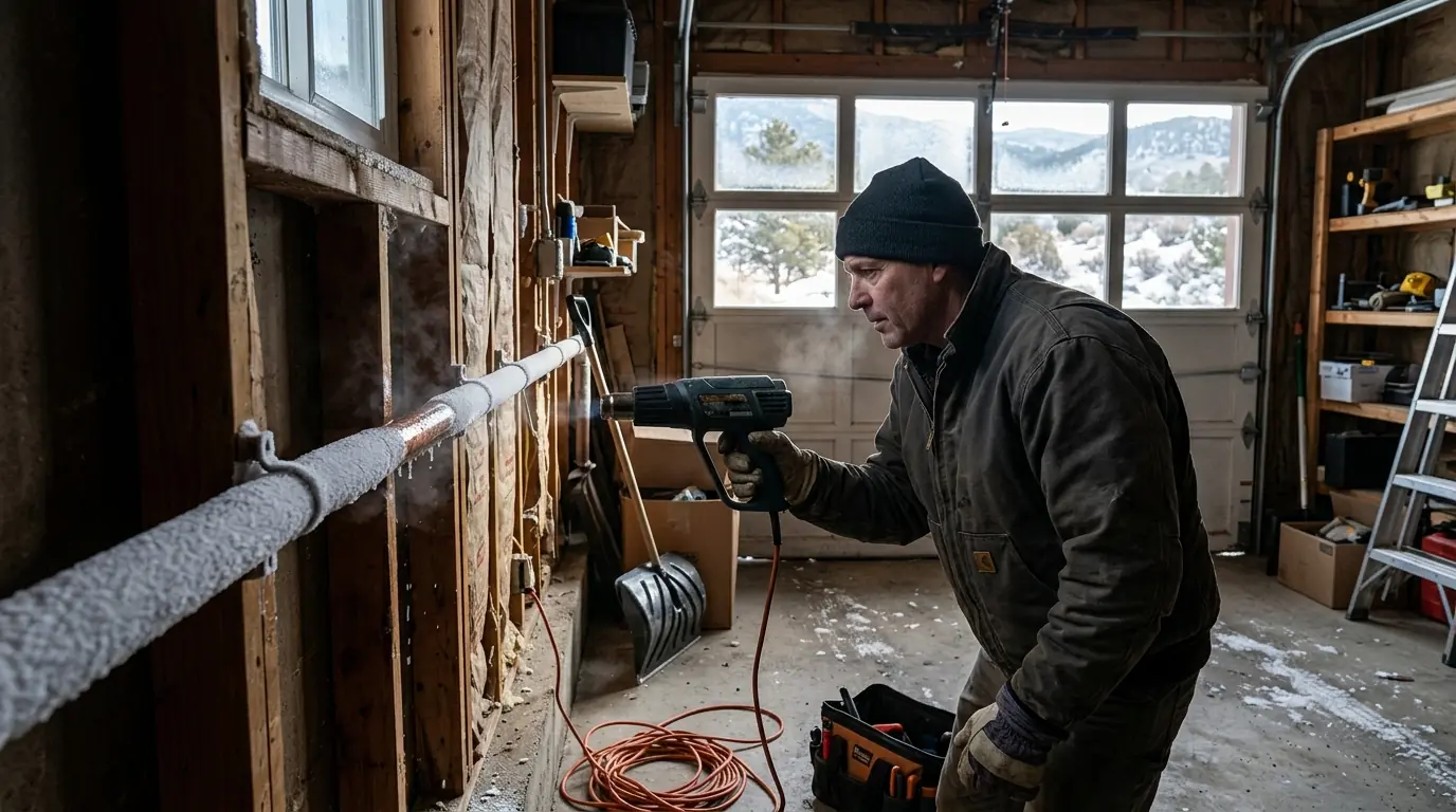 Plumber thawing a frozen pipe in a Colorado Springs garage