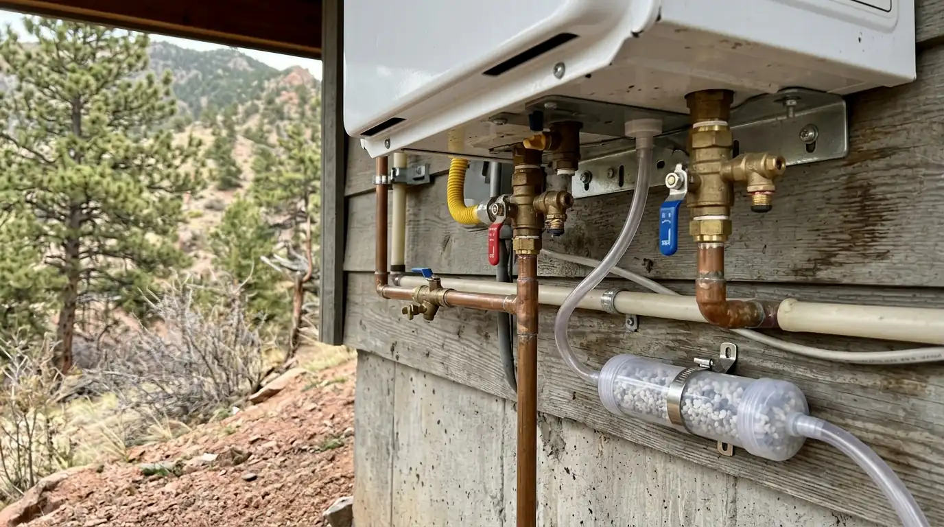 Service valves and condensate neutralizer under a tankless unit