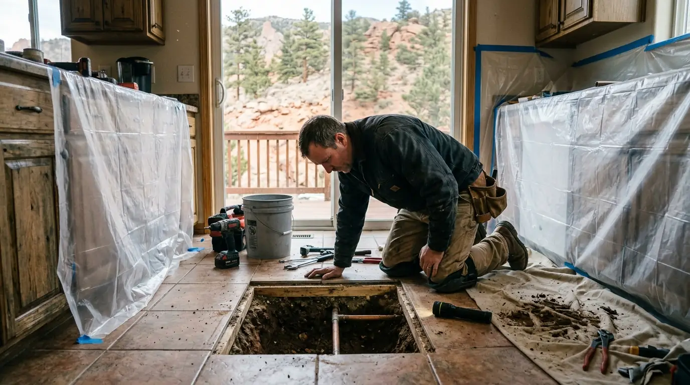 Slab leak spot repair through a kitchen floor in Colorado Springs
