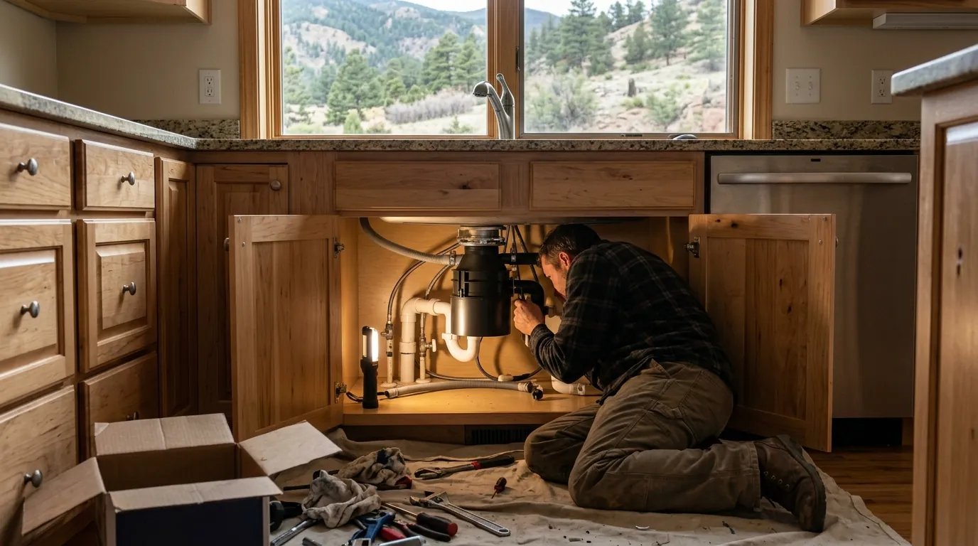 New garbage disposal installed under a Colorado Springs kitchen sink