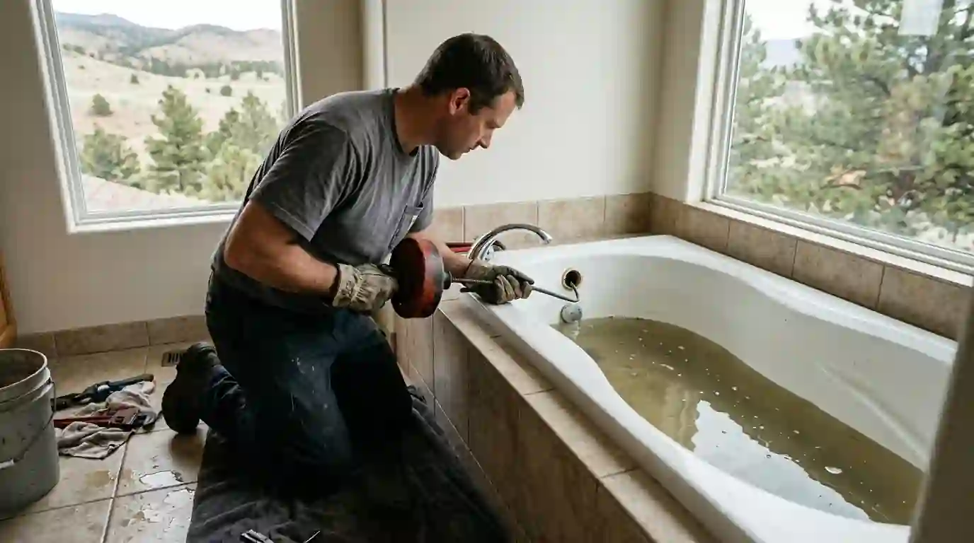 Plumber clearing a slow tub drain in a Colorado Springs bathroom