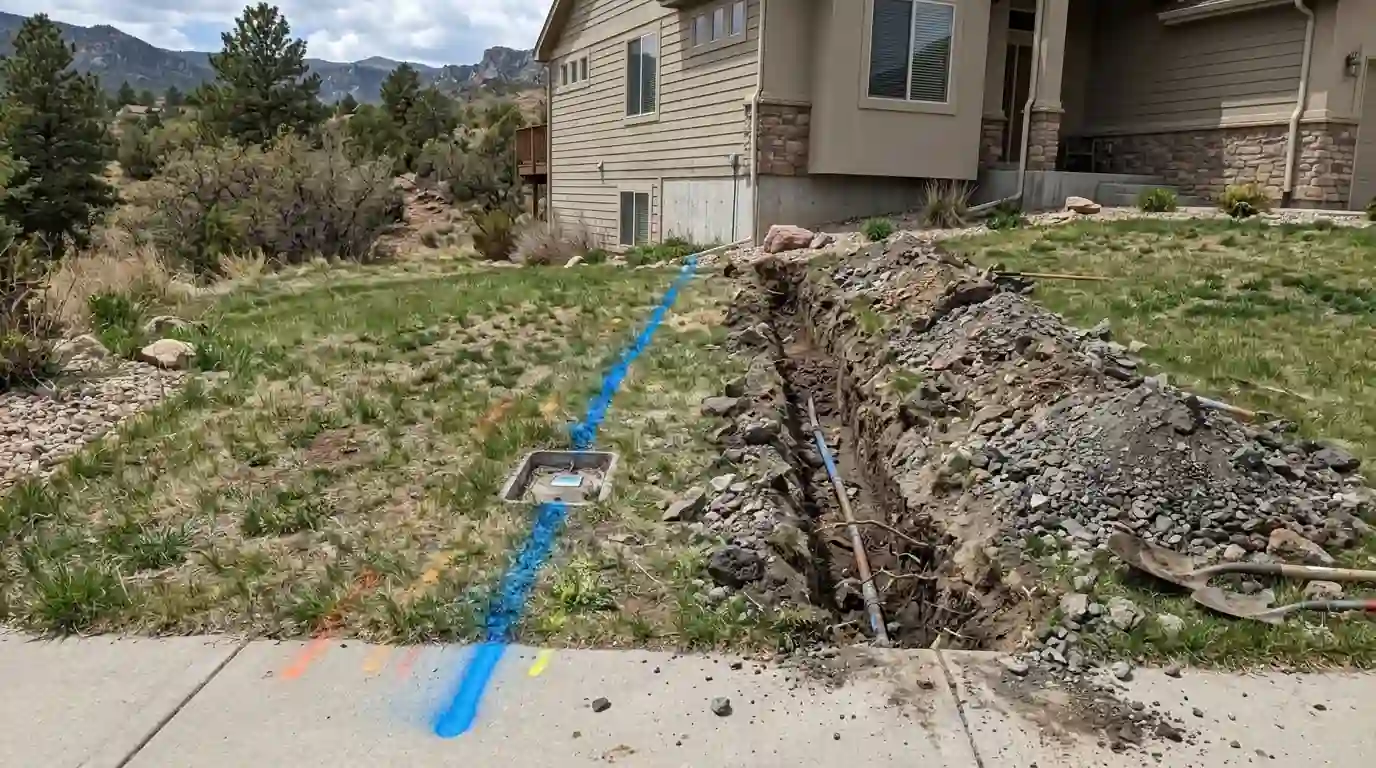 Water service line route from the meter to a Colorado Springs house marked in a front yard