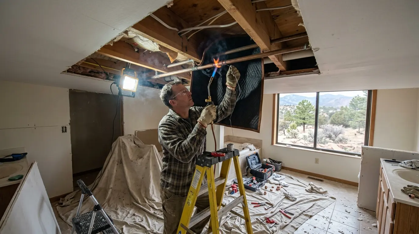 Plumber repairing a leaking copper pipe through a Colorado Springs ceiling