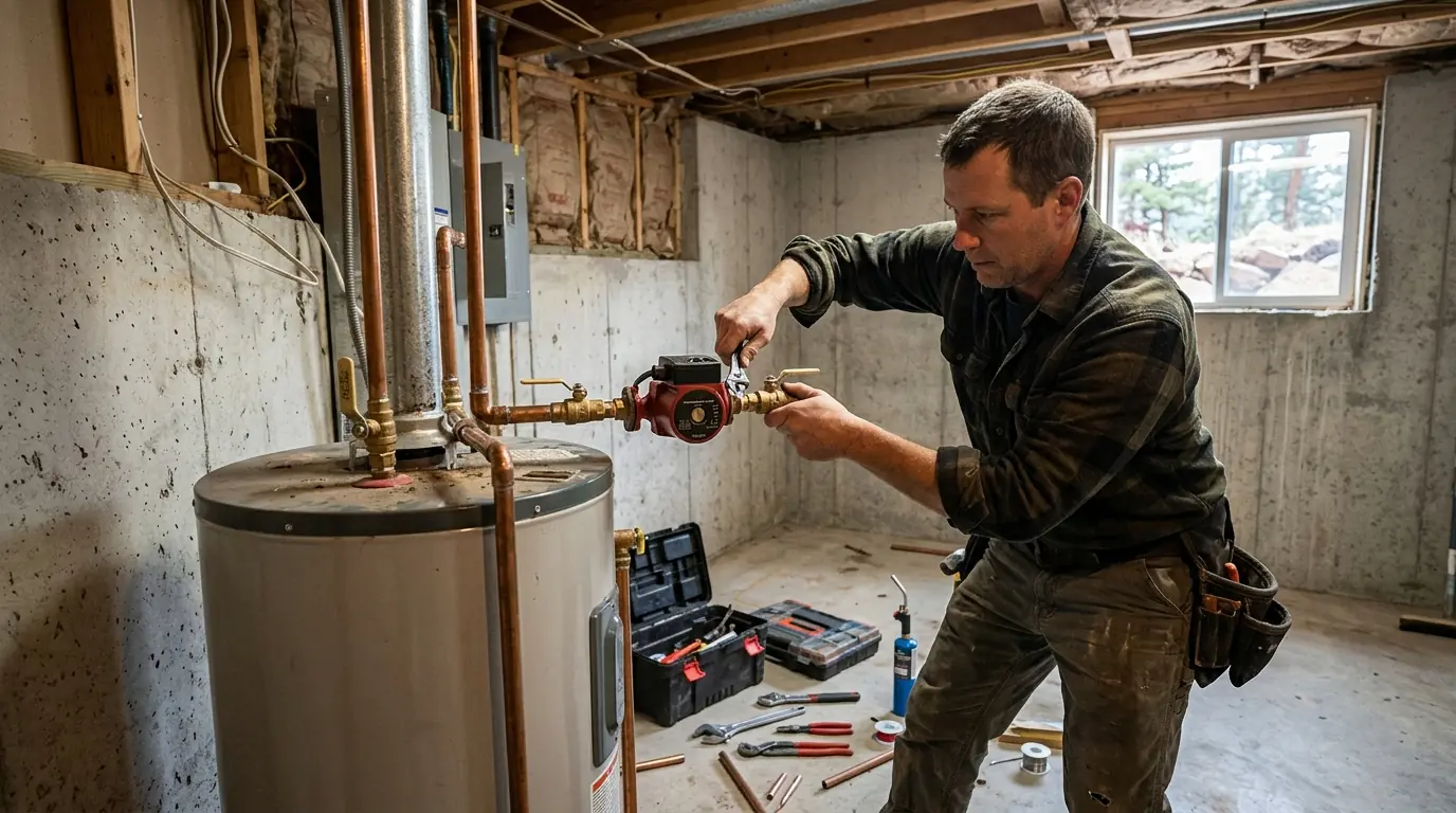 Recirculation pump installed on a water heater in a Colorado Springs basement