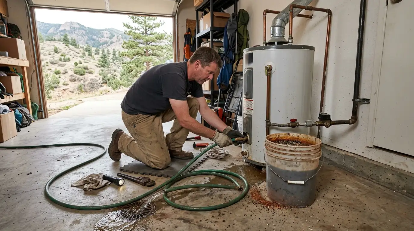 Plumber flushing a water heater in a Colorado Springs garage