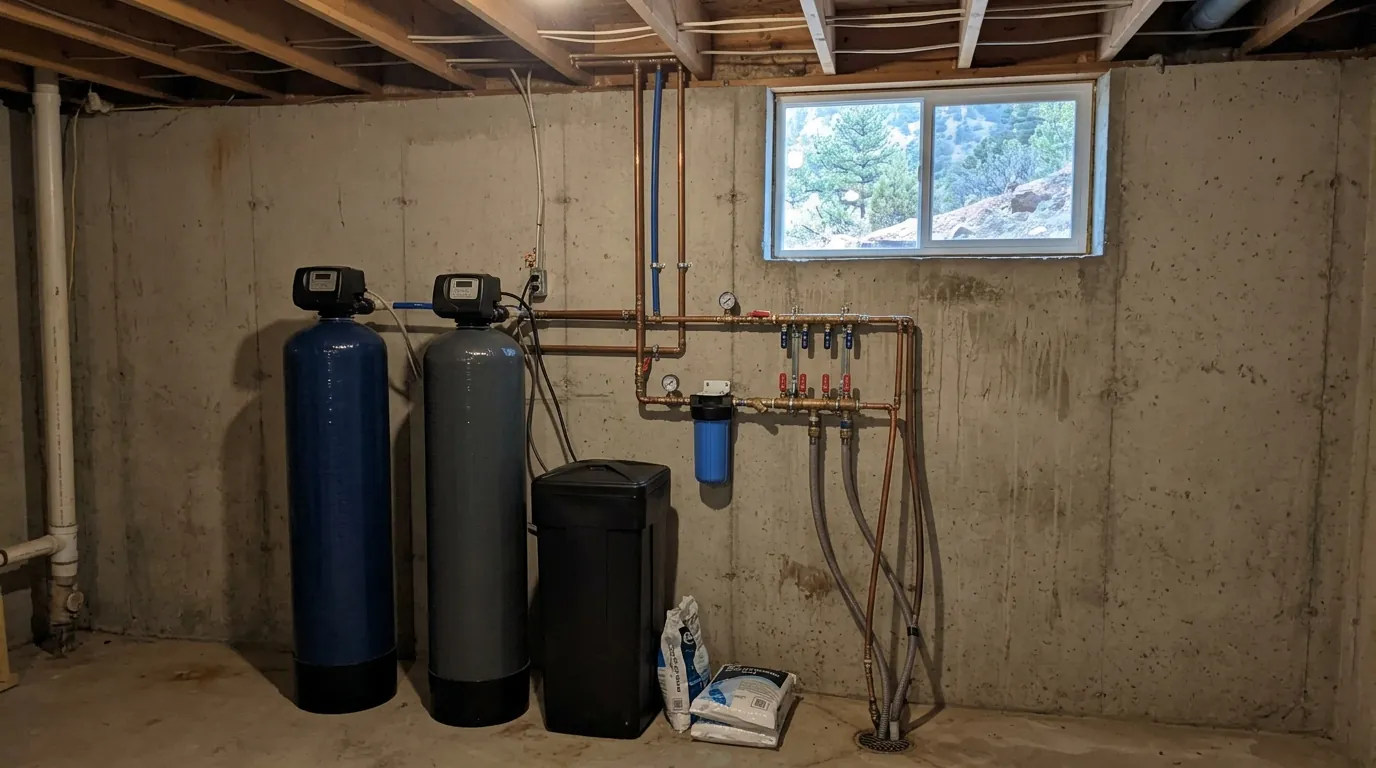 Water softener and filtration tanks on a basement wall