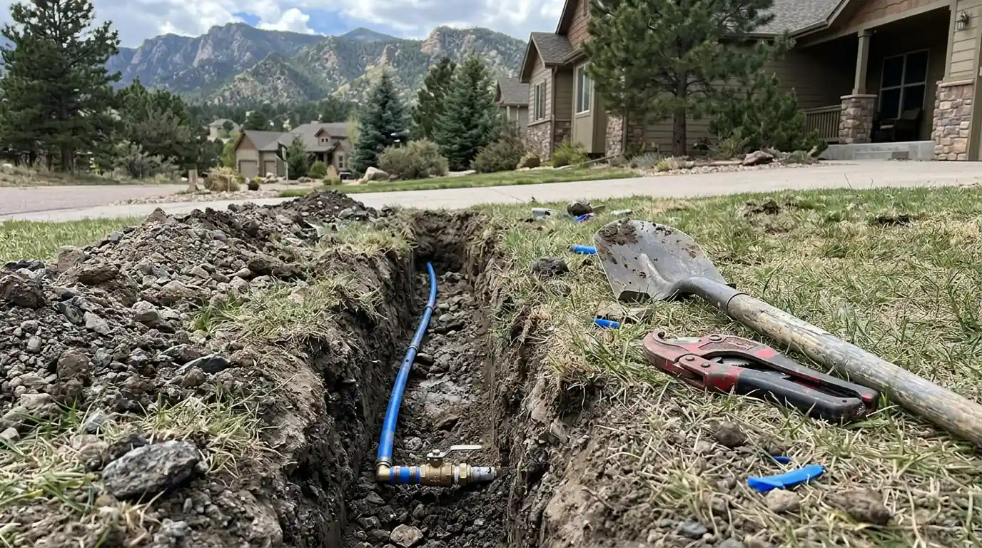 New PEX water service line in a trench at a Colorado Springs home