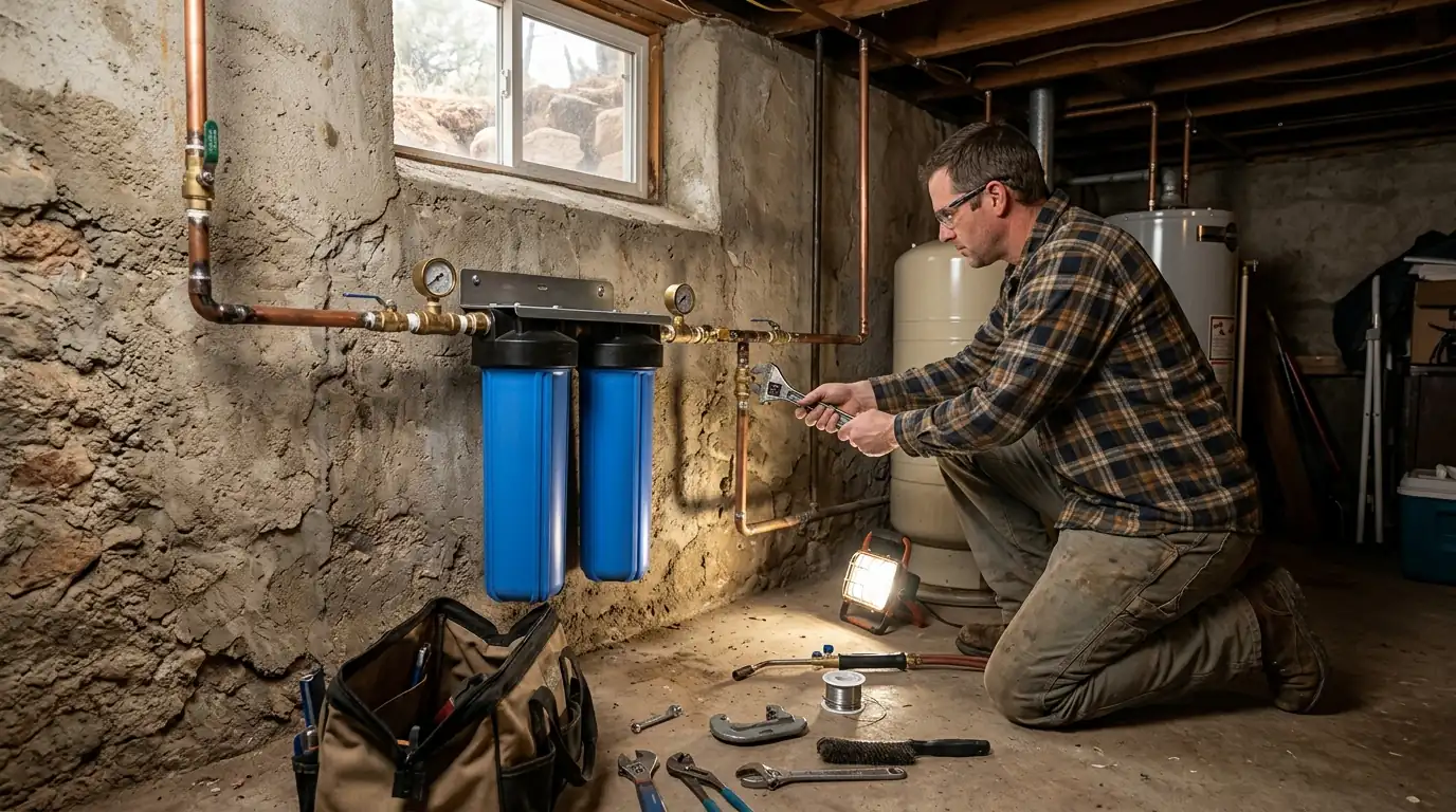 Whole-house sediment and carbon filter on a Colorado Springs main water line