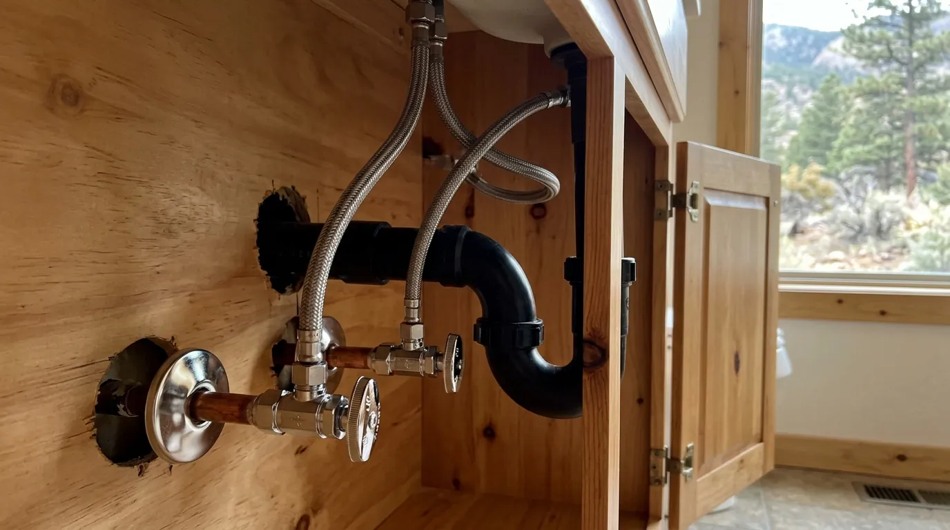 Quarter-turn angle stops and braided supply lines under a vanity
