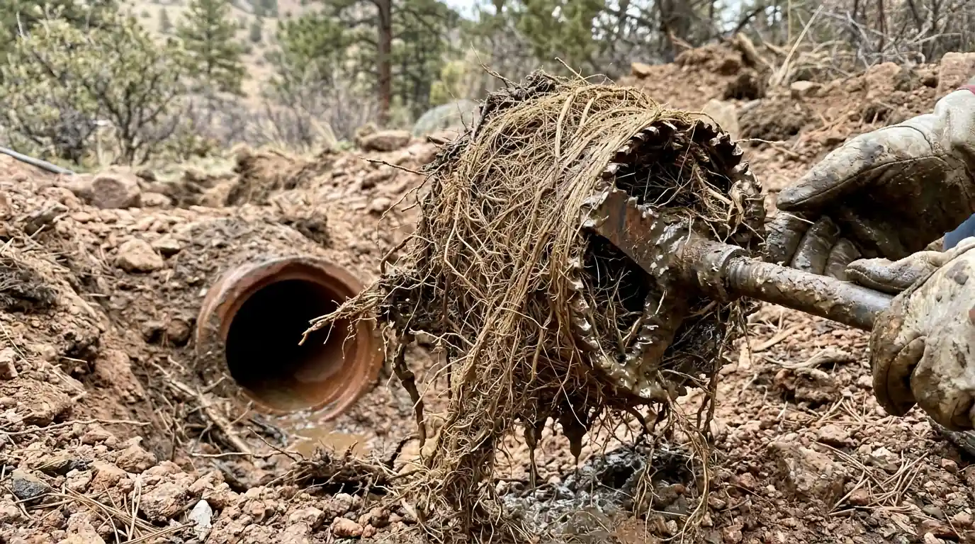 Tree roots cut out of a clay sewer line