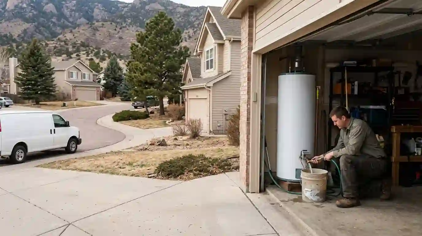 Plumber flushing sediment from a water heater in a Fountain garage