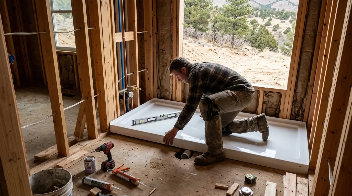 Shower base being set during a tub-to-shower conversion in Colorado Springs