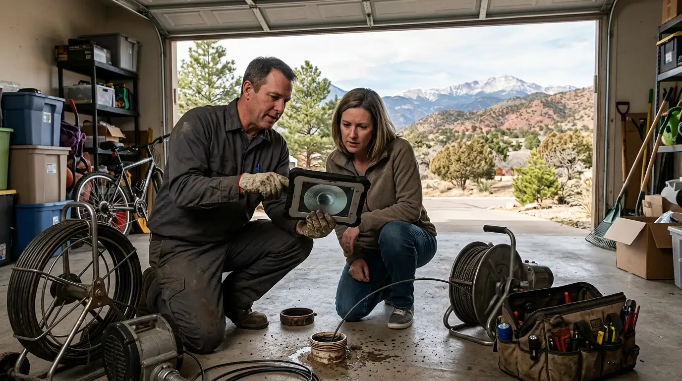 Plumber reviewing a sewer camera recording with a Colorado Springs homeowner
