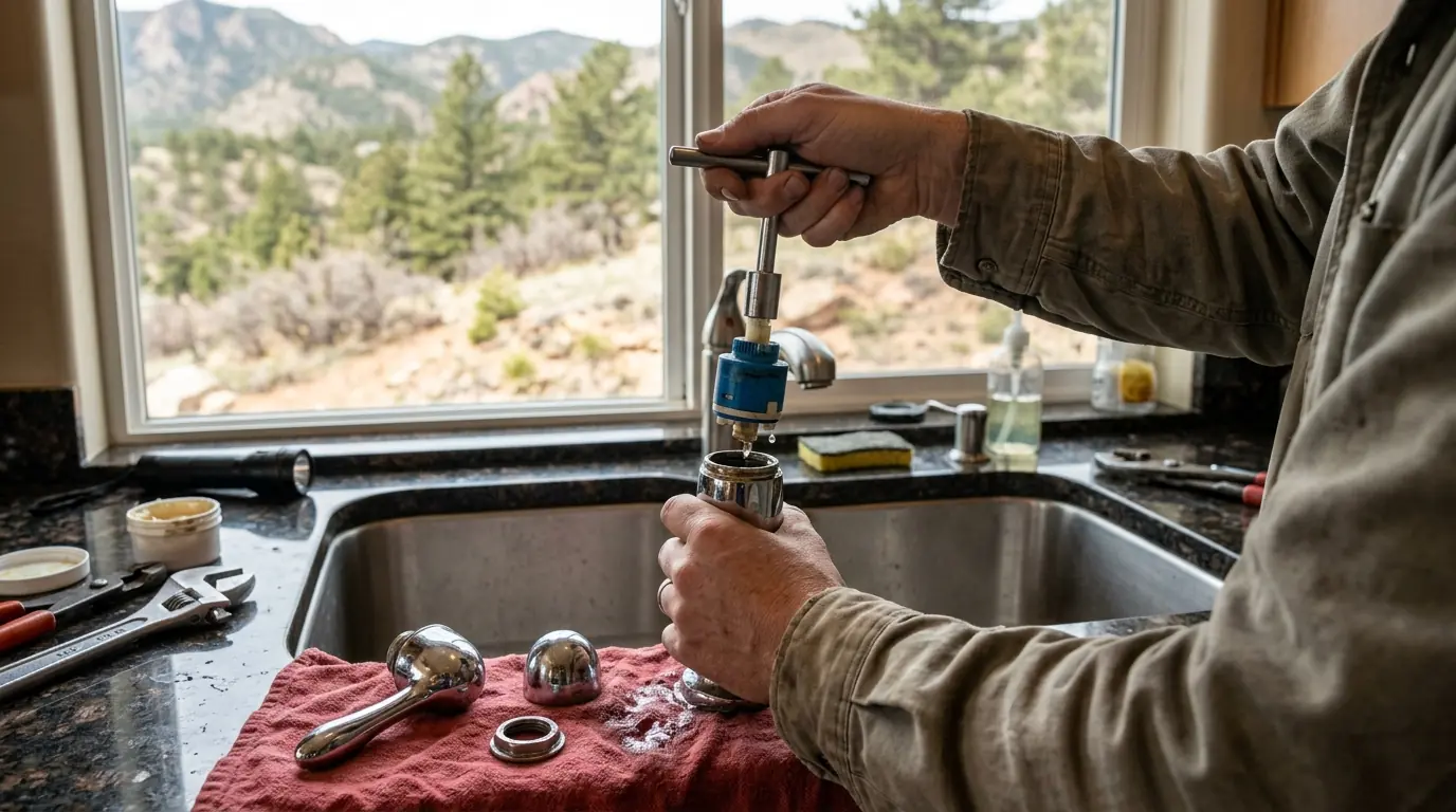 Plumber replacing a kitchen faucet cartridge in a Colorado Springs home