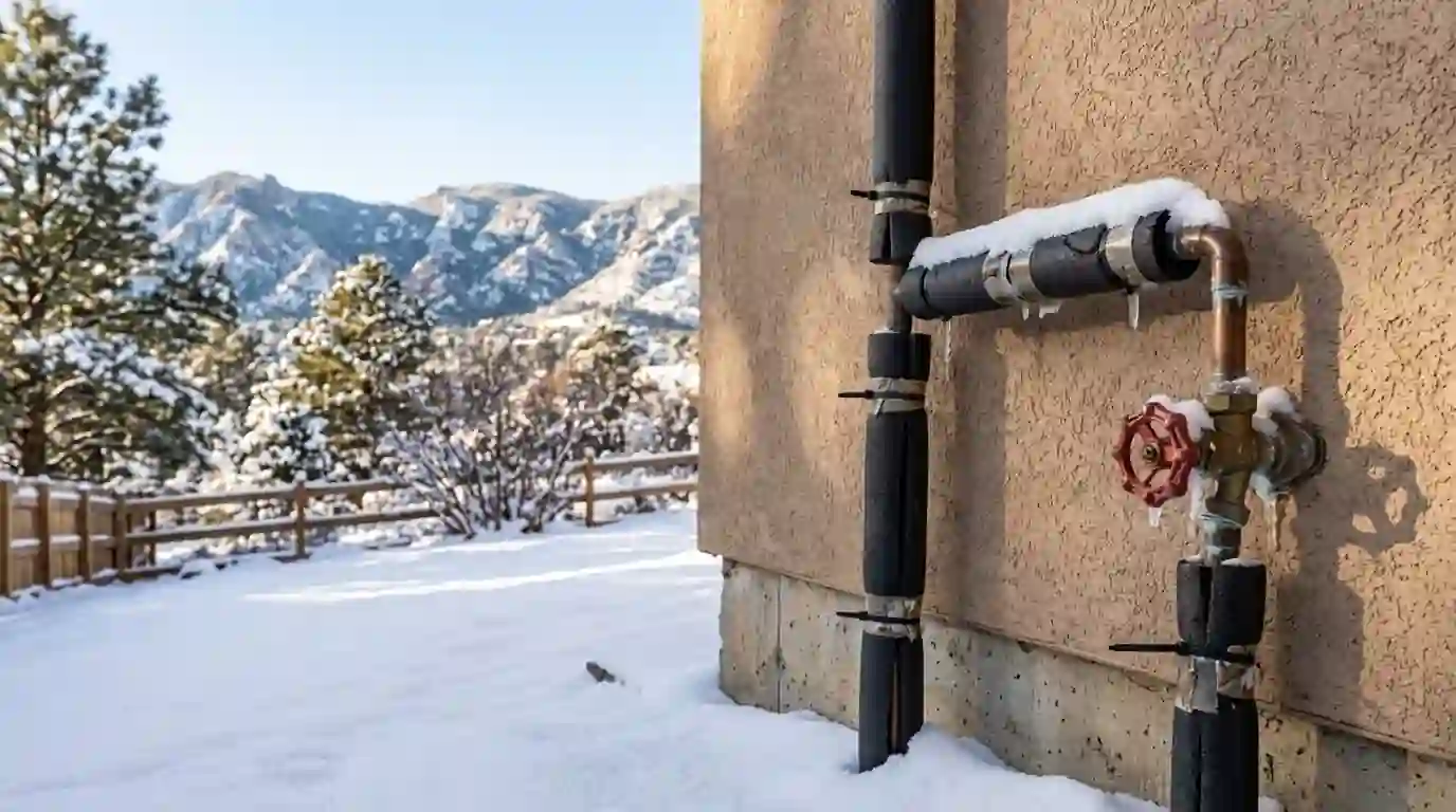 Insulated copper pipe and frost-free sillcock on a stucco wall