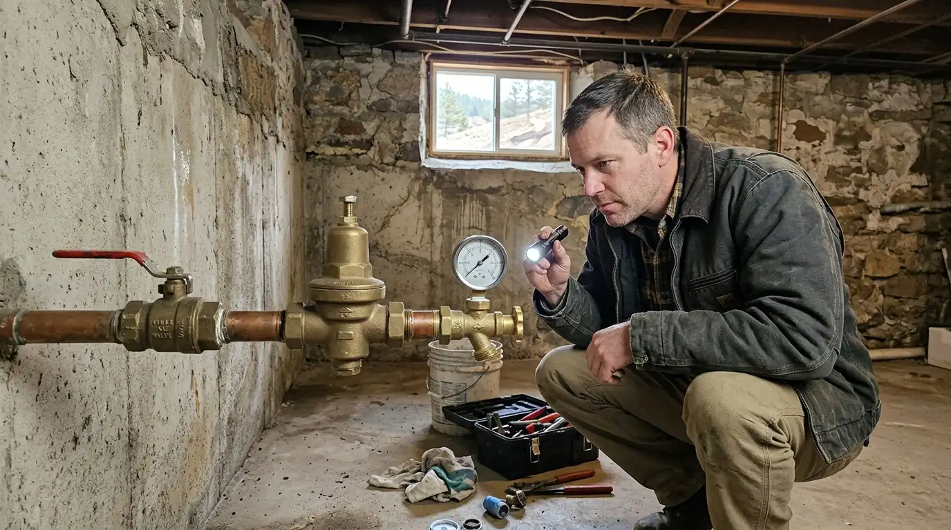 Plumber testing water pressure at a PRV in a Colorado Springs basement