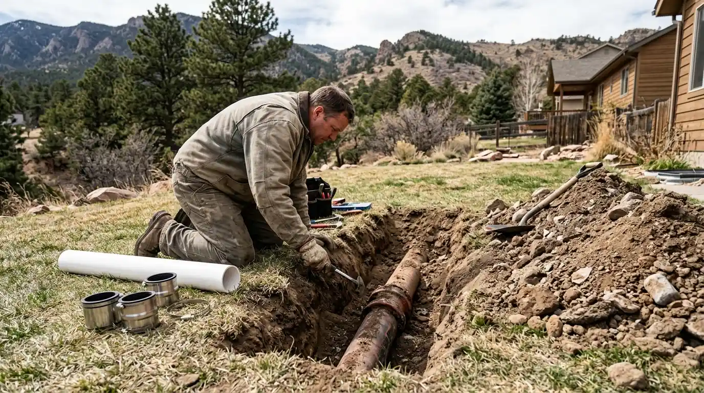 Plumber repairing a cracked clay sewer line in a Colorado Springs backyard