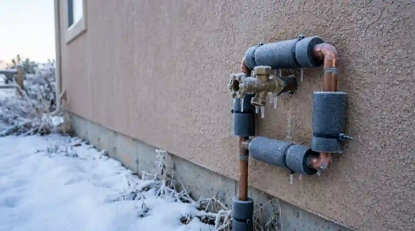 Frosted hose bib on a Colorado Springs home in winter