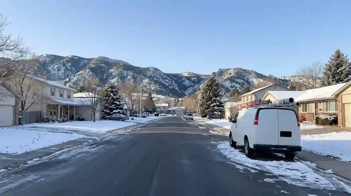 Plumber's van outside a home on a residential street in Colorado Springs