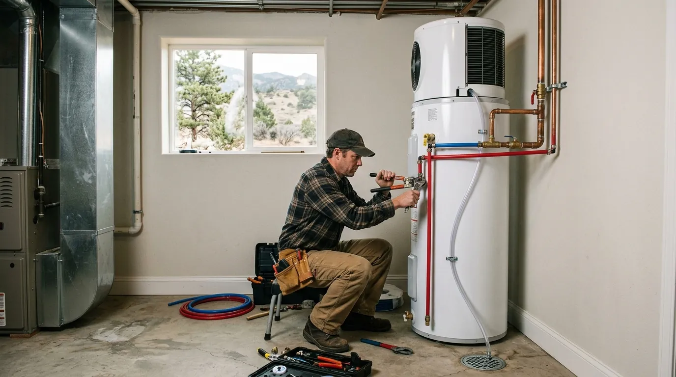 Plumber installing a heat pump water heater in a Colorado Springs basement
