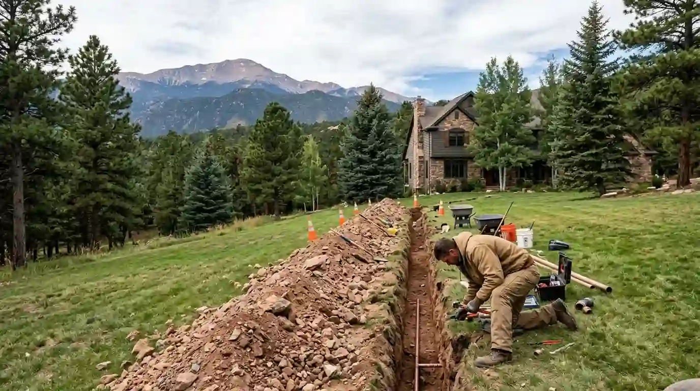 Water line repair on a large Broadmoor lot in Colorado Springs